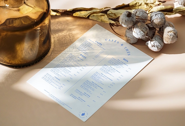 Le 44 identity — Menu design featuring Corinthe typography.