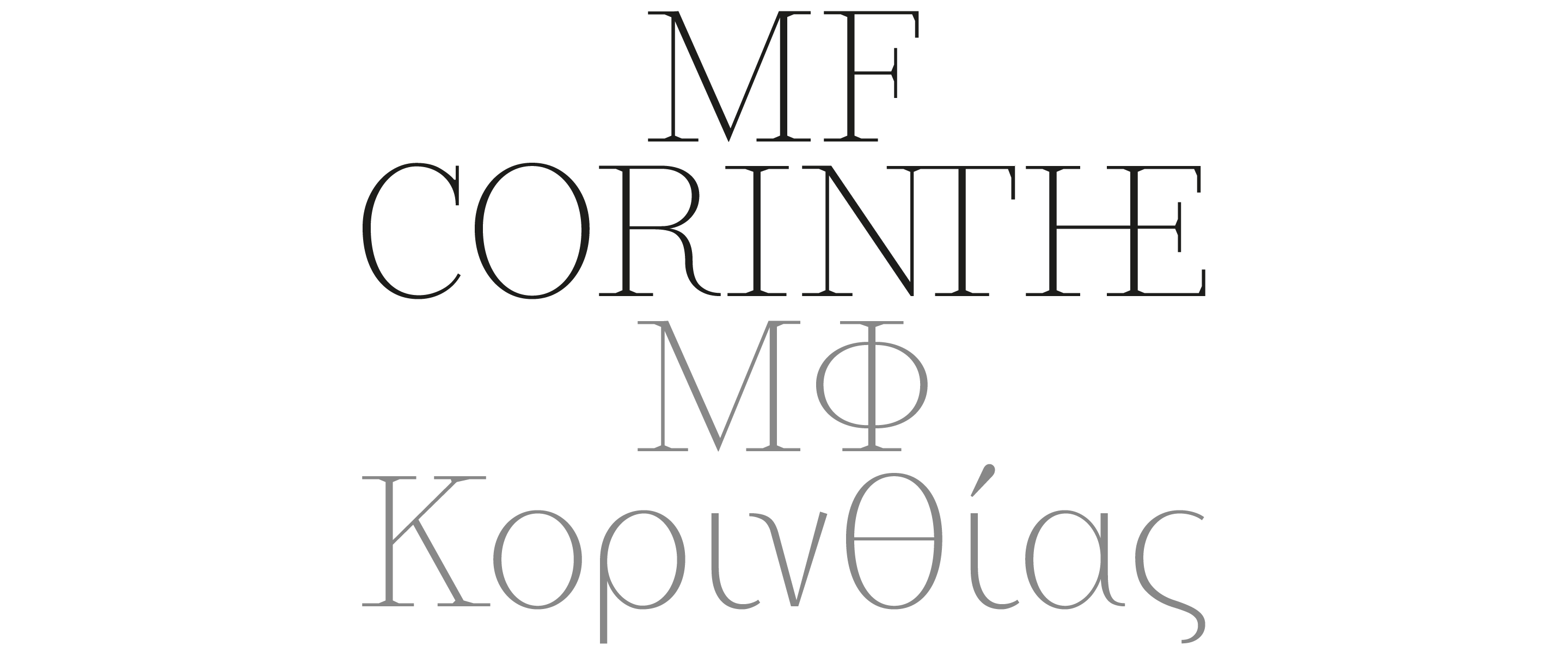 MF Corinthe typeface specimen, editorial-style composition.