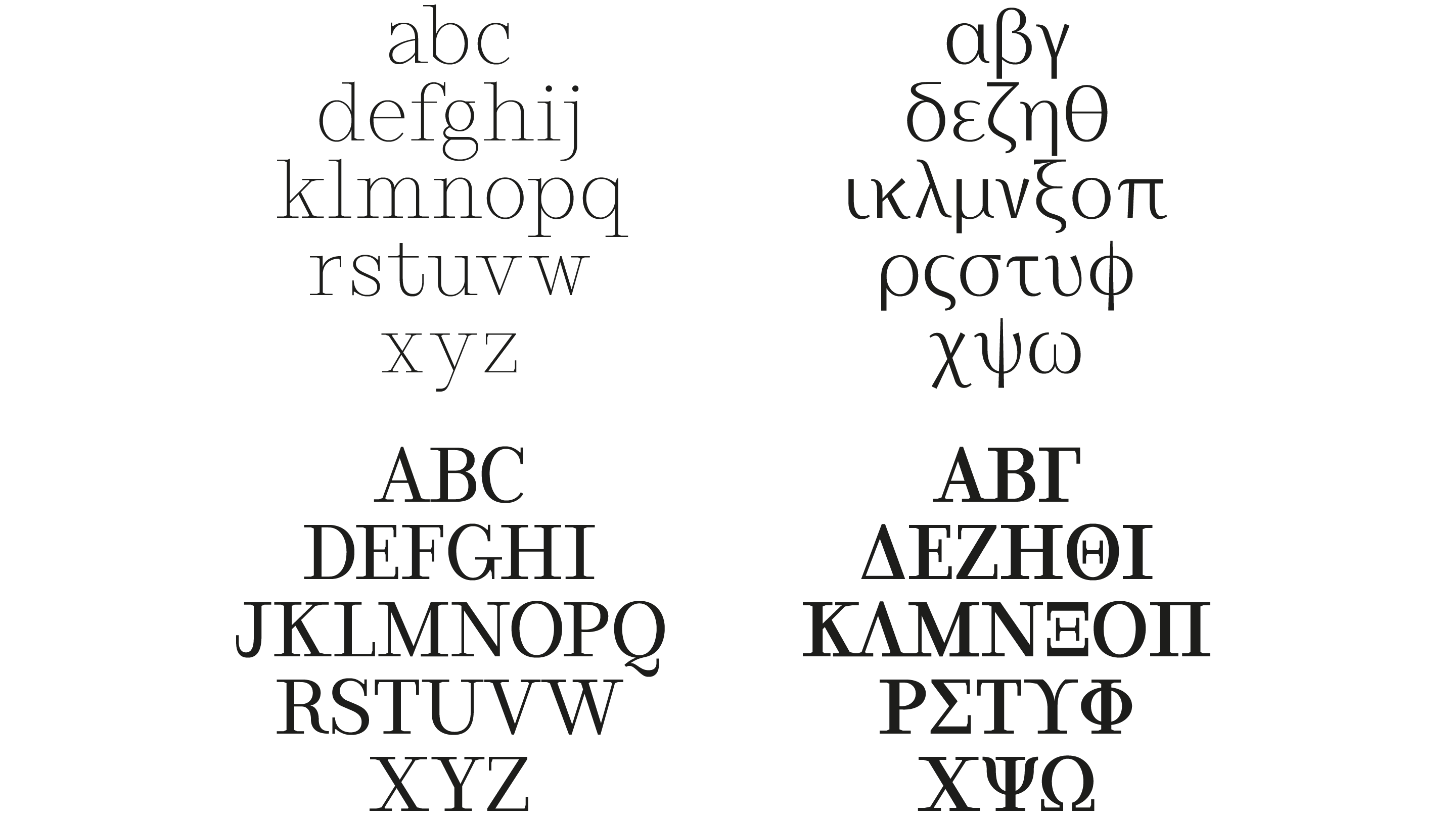 Corinthe alphabet featuring Latin and Greek characters, multilingual type design.