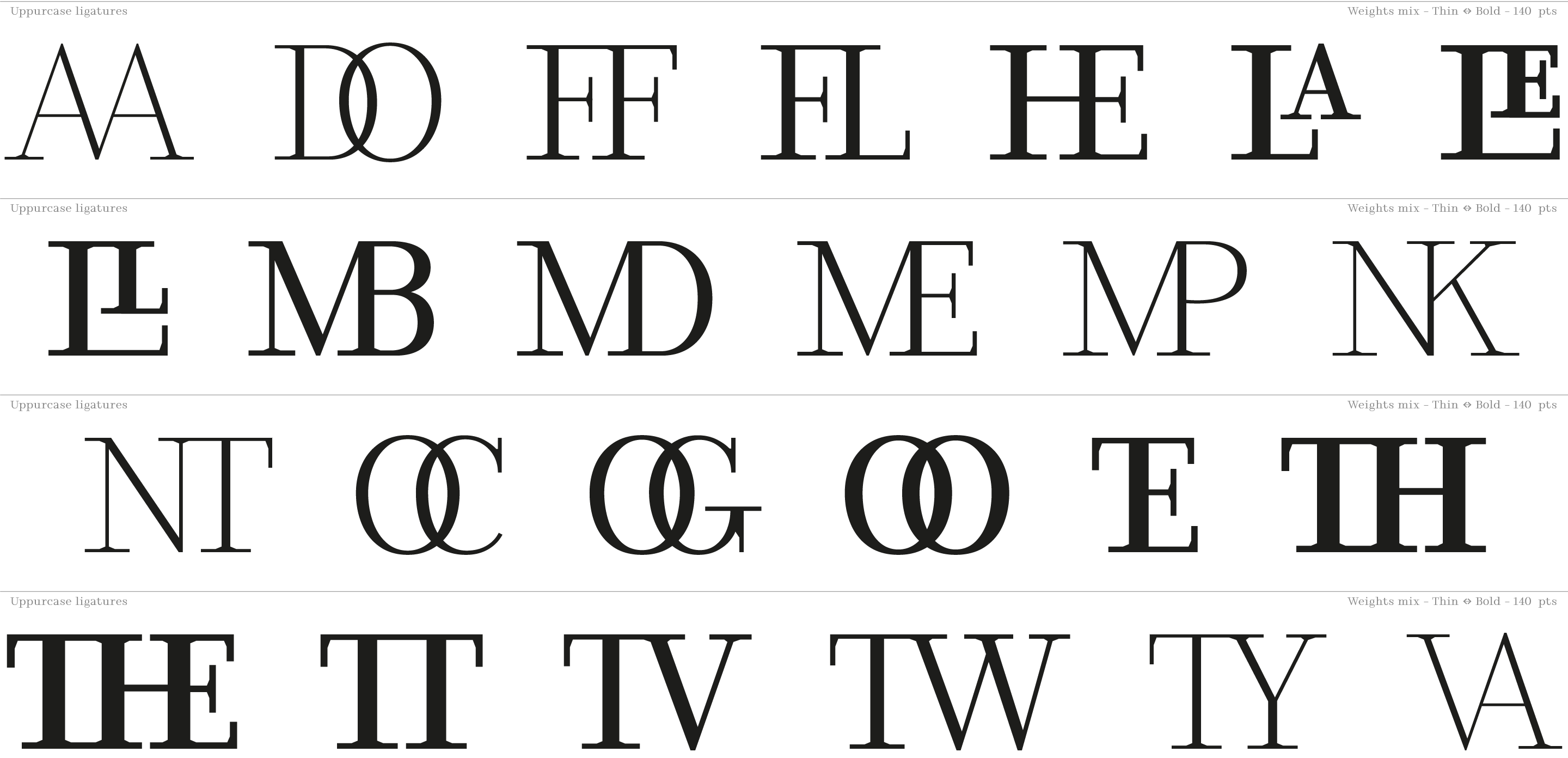 Ligature showcase from MF Corinthe, editorial ligature design.