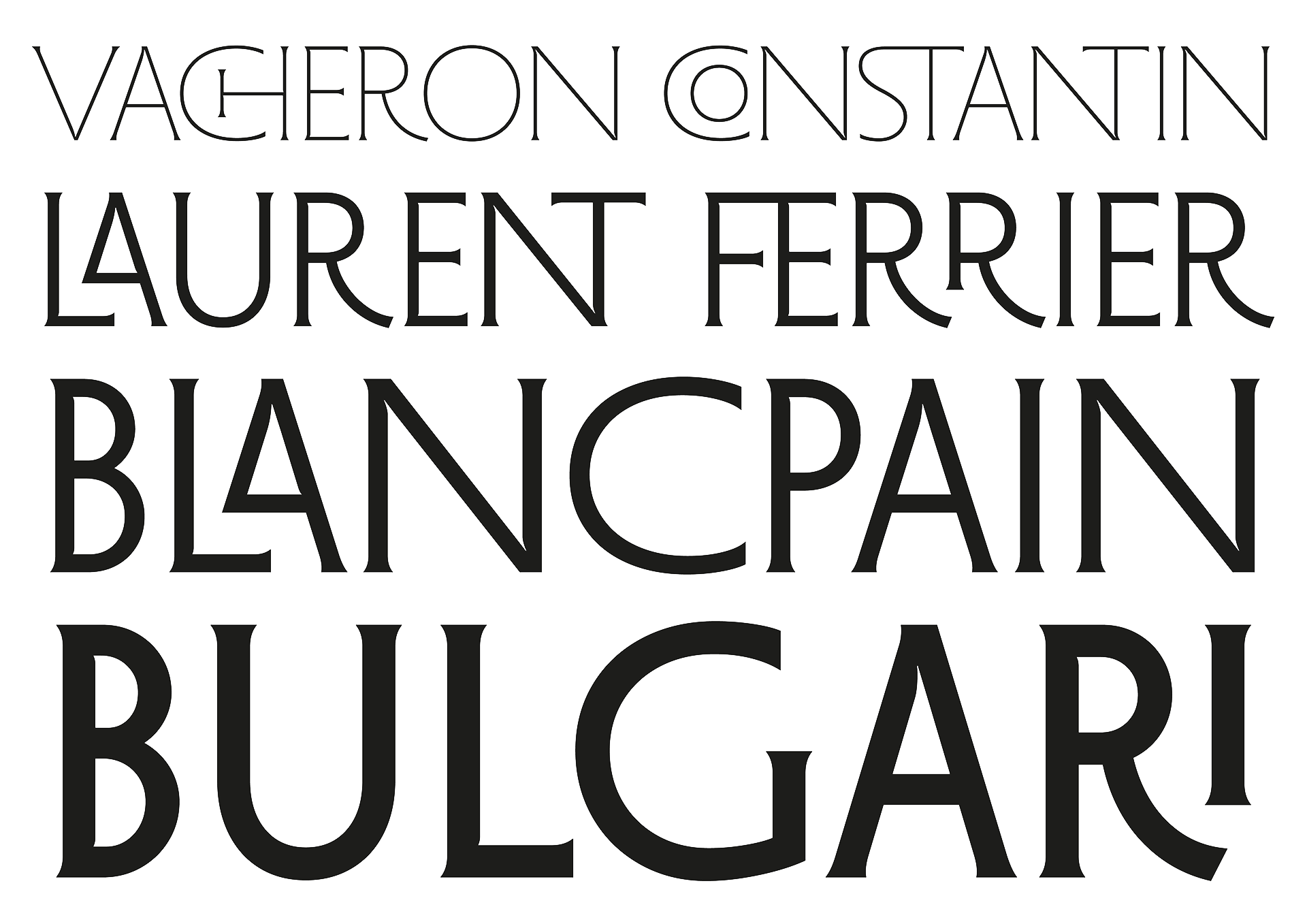 MF Fondation applied to luxury brand names, refined and contemporary serif typography.