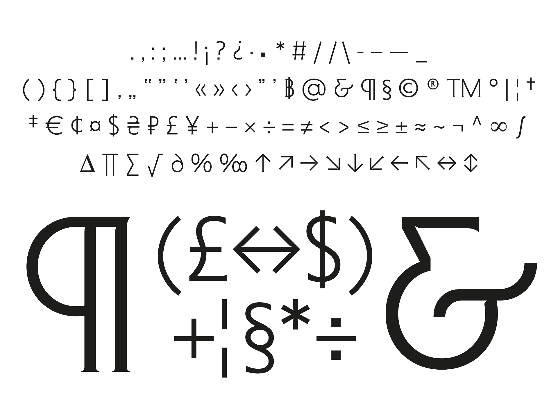 Punctuation and special characters from MF Fondation, complete editorial character set.